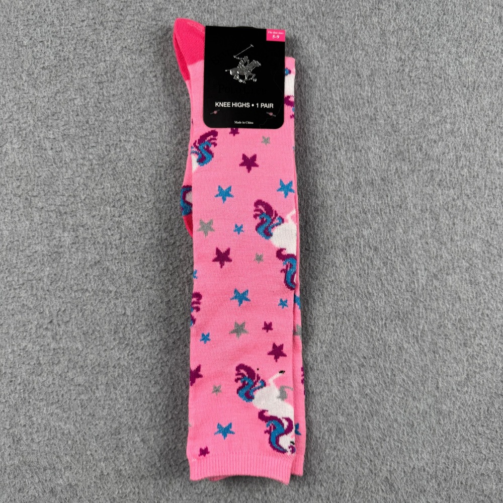 Beverly Hills Polo Club Knee High Socks Womens 5-9 Unicorn Pink Star NEW